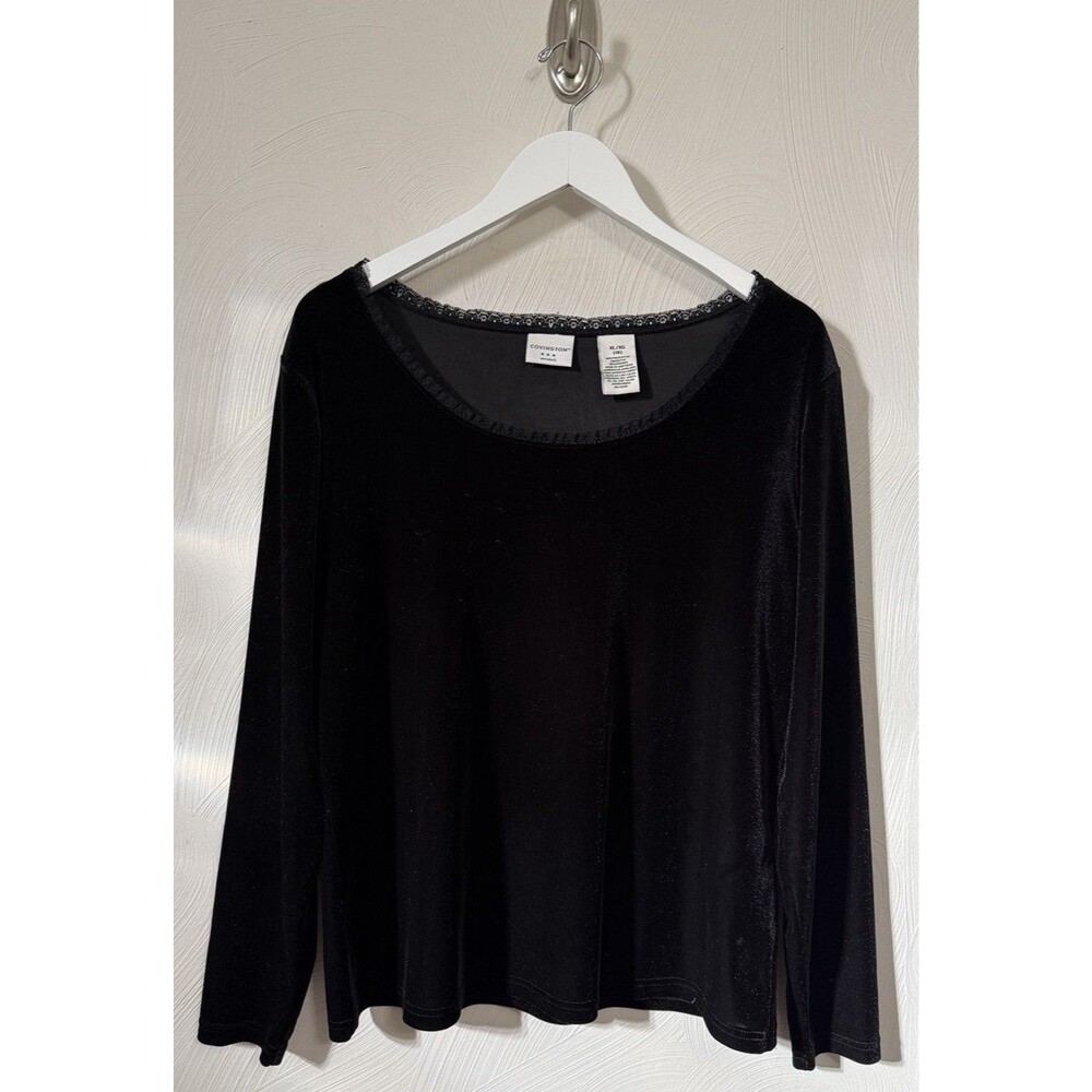 Vintage Covington Women's Black Velvet Top XL Lace Trim Stretch Long Slv Party